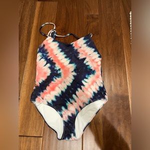 Athleta navy & pink tie die swimsuit size LP - euc